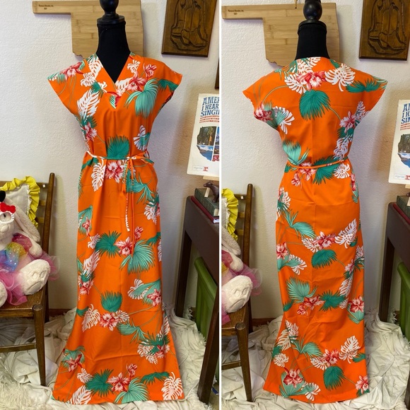 Vintage Dresses & Skirts - Waltah Clarke (?) “Kamaile” Vintage Hawaiian Shops Maxi Dress Orange 70s SMALL